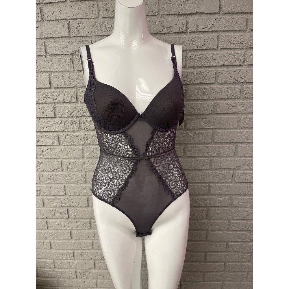 Just Sexy Women Gray Lace Cut-Out Back Lingerie Teddy / Bodysuit Size M NWT